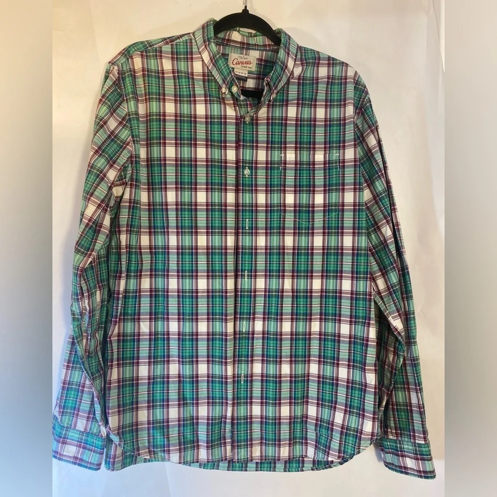 Lands End Canvas Men's Size Large Green Plaid Button Up Long‎ Sleeve Shirt